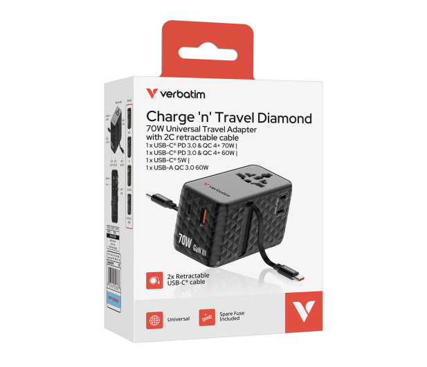Verbatim Charge ’n’ Travel 70W 2C retractable Universal Adapter black - 1417013 - zdjęcie 5